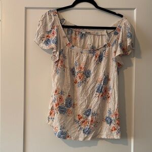 LOFT Cream Floral Blouse with Blue and Orange Accents